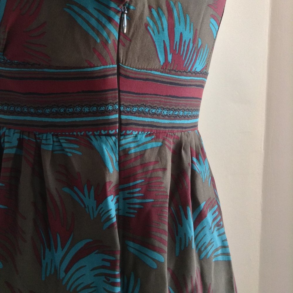 BETSEY JOHNSON V-NECK EMPIRE WAIST PRINT GREEN SHORT MINI DRESS 3/4 LONG SLEEVE - Picture 9 of 11